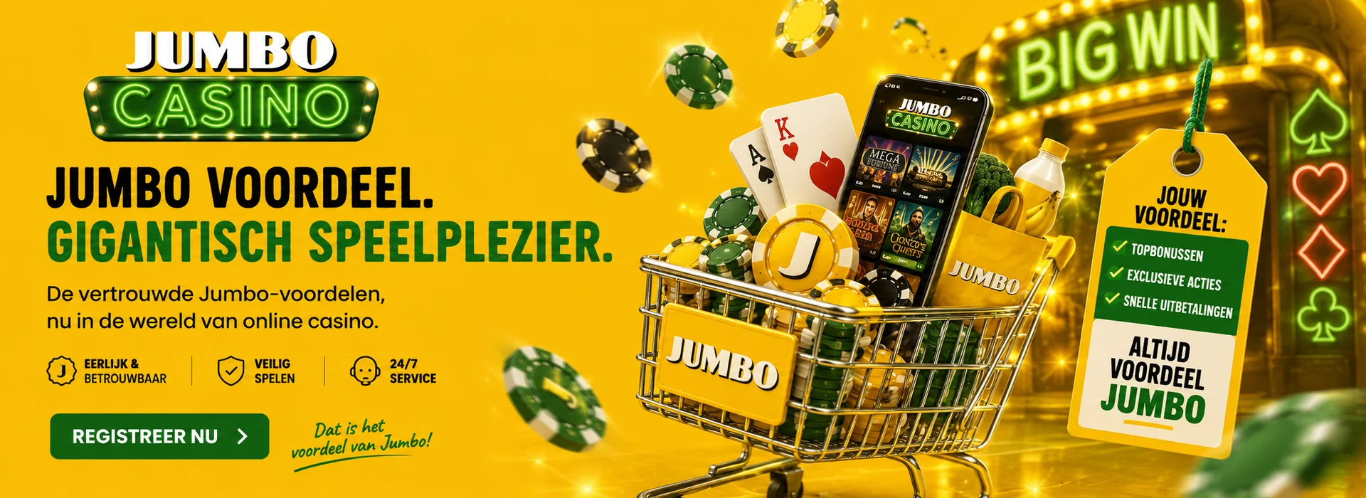 Jumbo Casino Nederland welkomstbonus banner met gratis spins en iDEAL storting in Jumbo-geel